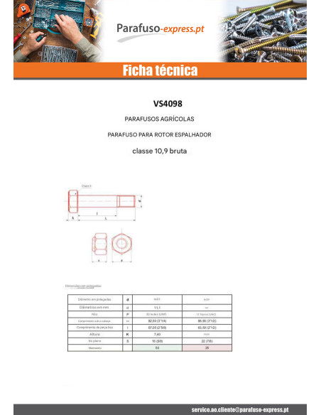 Parafuso ROTOR Leme 9/19X3"1/2 classe 10.9 Aço bruto
