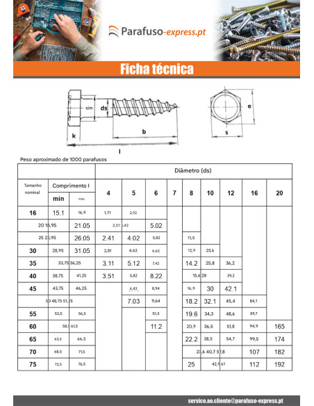Parafusos Tirefond 12X220 Aço zinco branco - Parafuso Express