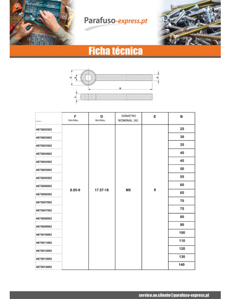 Parafuso de metais con olho M10X55 roscado sobre 26 Aço zinco branco
