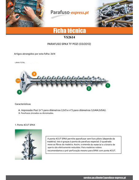 PARAFUSO Spax cabeça fresada Pozi PZ6 3,5 x 30 diâmetro da cabeça 7 rosca total ACBRU