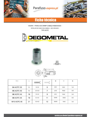 Porca rebite dentado cabeça fresada M10X21 ACFC 45 Aço zinco branco