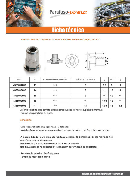 Porcas Rebite cabeça plana M10X23 GOFIX ACPSH35 Aço zinco branco