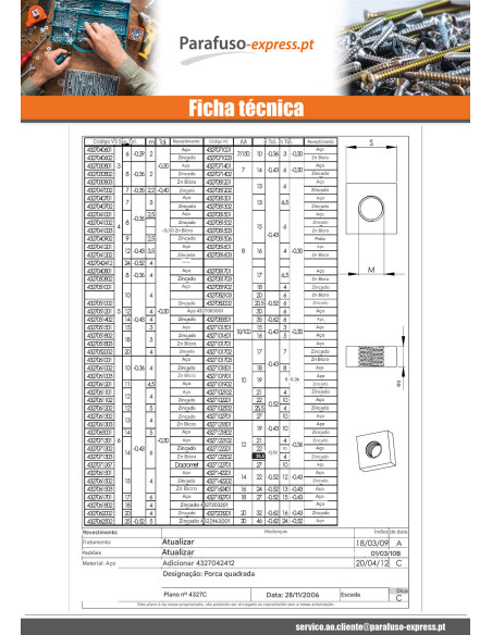 Porca Quadrada M12 27X27X10 Aço bruto - Parafuso Express