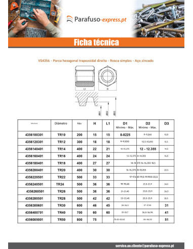 Porca sextavada SKM cabeça redonda 30X6 trapezoidal Direita Aço bruto