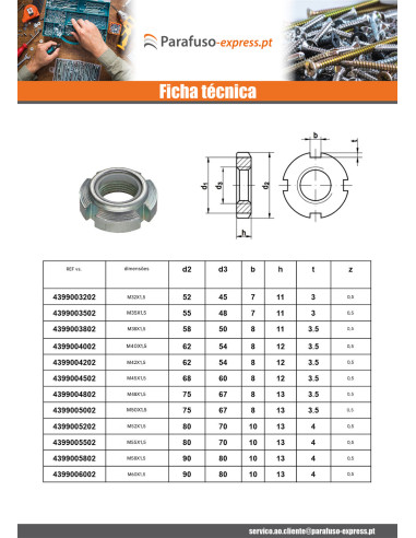 Porca com fenda Aço zinco branco M62 passo de rosca de 150