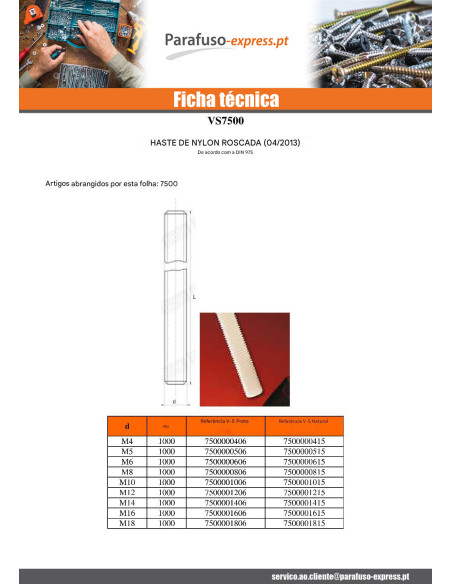 Perno roscado M5 comprimento 1 metro natural nylon