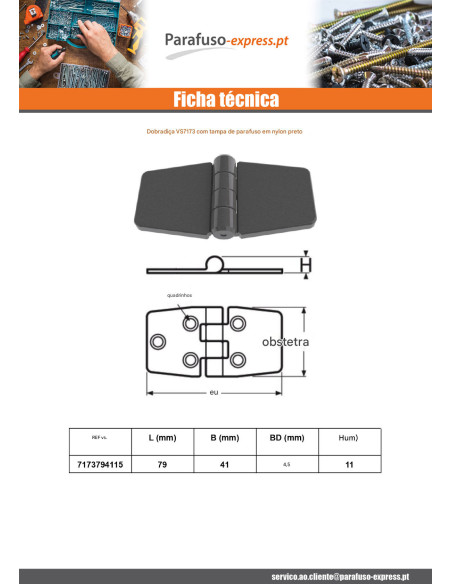 Dobradiça com tampa de proteção PARAFUSO 79X41 náilon preto
