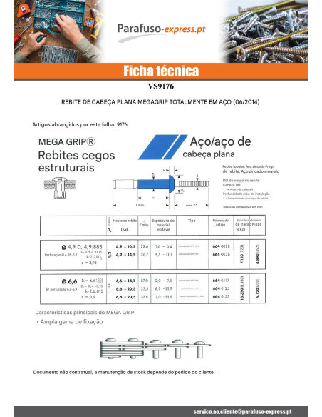 Rebite cego totalmente em aÃ§o MEGAGRIP 4,9 x 10,5 cabeça plana