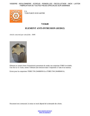 ELEMENTO ANTI-INTRUSÃO TORX T30 Zamak - Parafuso Express