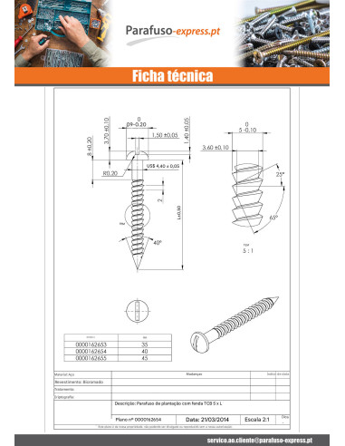 PARAFUSO plantar cabeça cilíndrica panela sulcada 5X40 rosca parcial Dicromato