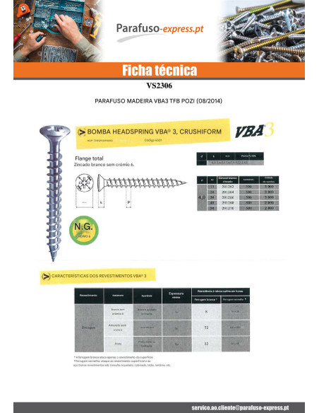Parafuso de madeira aglomerado VBA3 cabeça fresada de panela Pozi PZ6 4X50 Aço zinco branco