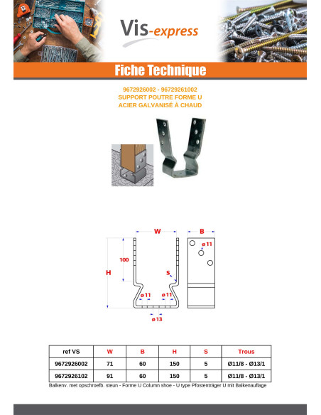 Suporte para viga forma U 71X60X150 forte resistência à corrosão Aço galvanizado a quente