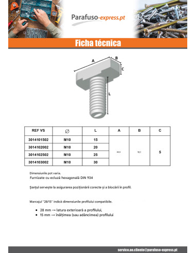 Parafuso de metais cabeça martelo M6X40 para 28/15 perfis Classe 8.8 com nozes Aço bruto