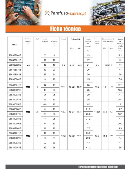 Inserto roscado M8X8 passo de rosca fino passo de rosca de 100 Aço inoxidável