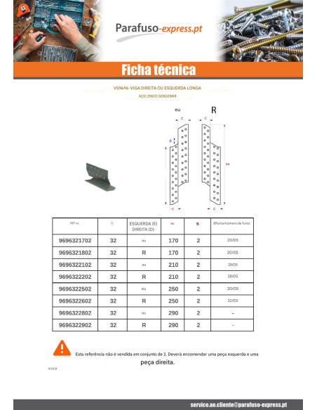 Perno de VIGAS esquerda sendzimir 32X170 - Parafuso Express