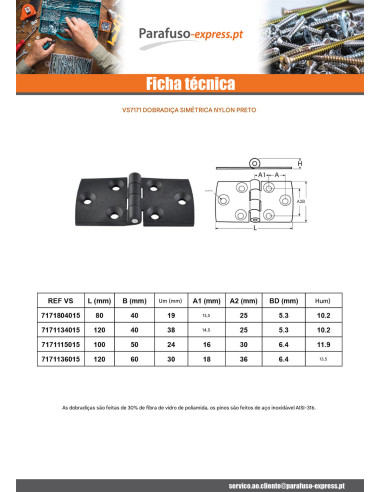 Dobradiça simétrico 80x40 náilon preto - Parafuso Express