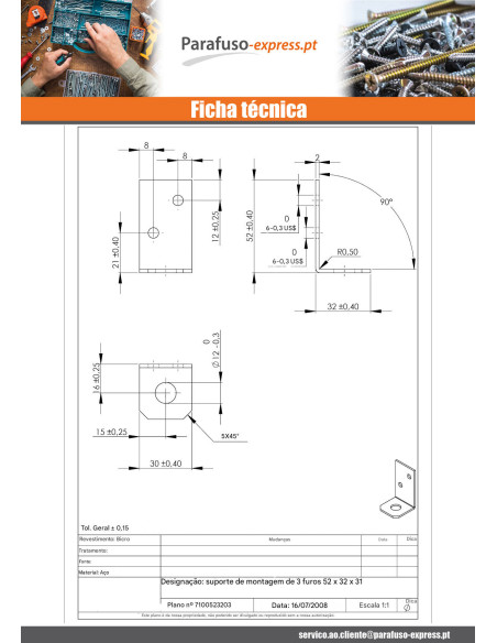 Curva 52x32x30 3 orifícios Dicromato - Parafuso Express