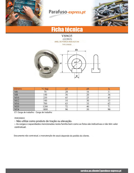 Porca con Anilha de elevação M8 Aço inoxidável A4
