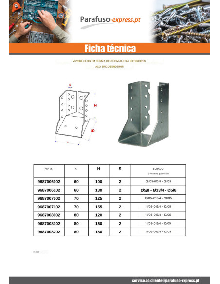 Suporte para vigas em forma de U con Asas interior sendzimir 70X125