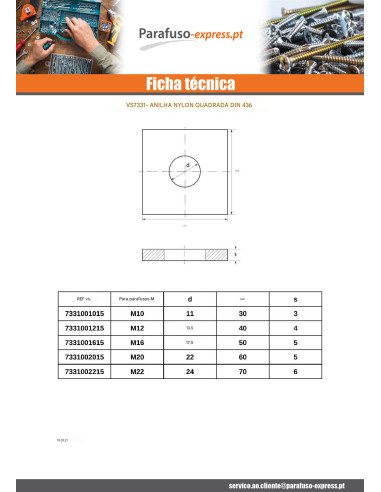 Rondela quadrado natural nylon M20X60X5 - Parafuso Express
