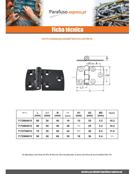 Dobradiça asimmetrico 60X40 náilon preto - Parafuso Express