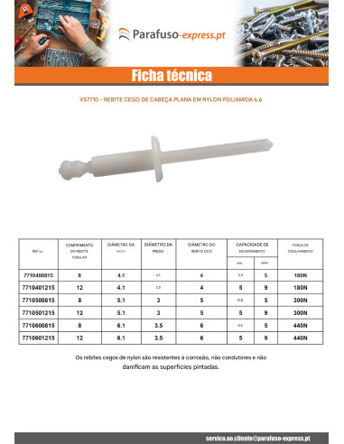 Rebite cego cabeça plano Nylon poliamida 6.6 4X12