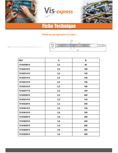 Abraçadeira de aperto em aço inoxidável nylon branco poliamida 6.6 7,6X200