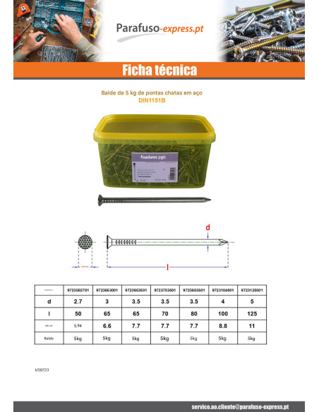 Balde de 5 KG de Prego cabeça plana Aço bruto 5,0X125