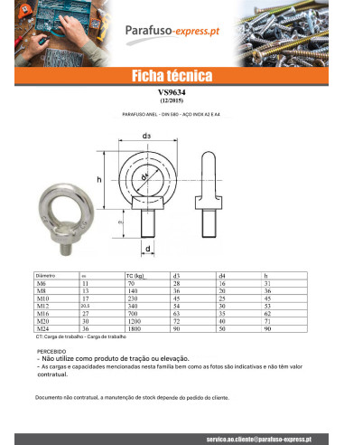 Parafuso Anilha de elevação M6X11 Aço inoxidável A2
