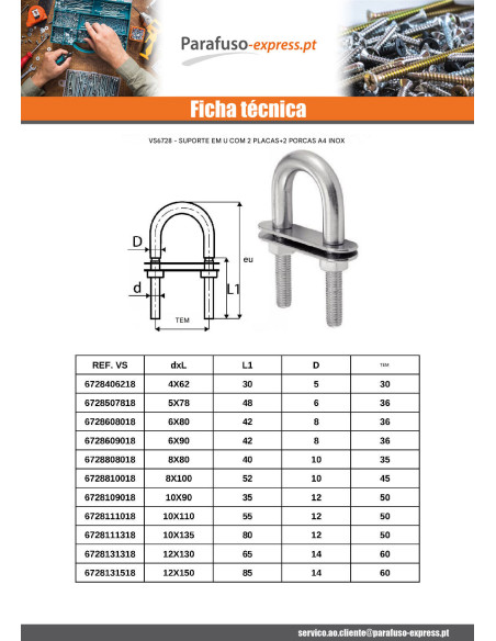 Parafuso em forma U em forma de U com dupla PLACAS Aço inoxidável A4 6X90