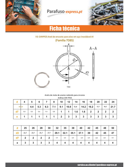 Anel de retenção de arame redondo para eixos de diâmetro 30 Aço inoxidável A1