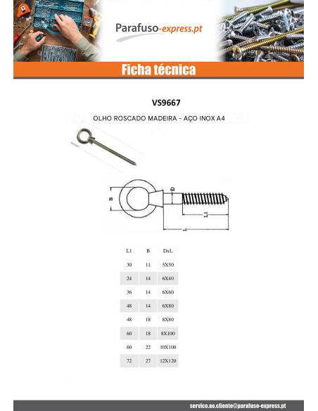 Pitão madeira olho 12X120 olho 27 Aço inoxidável A4