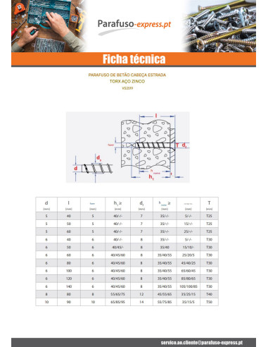 Parafuso de betão cabeça fresada TORX 6X140 Aço zinco branco