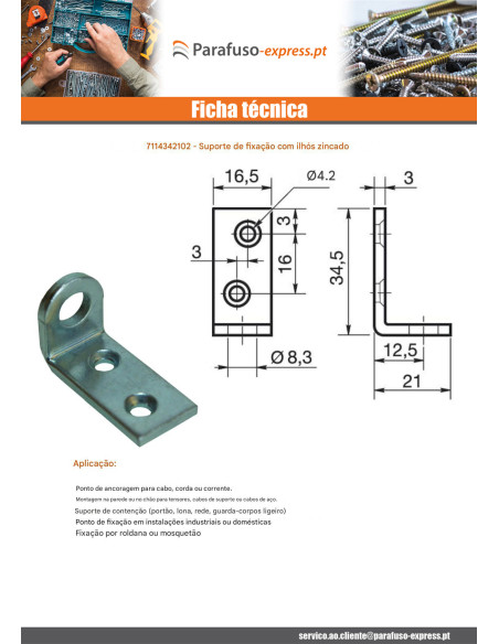 Cantoneira de fixação com ilhó 34,5 x 21 x 16,5 Aço zinco branco