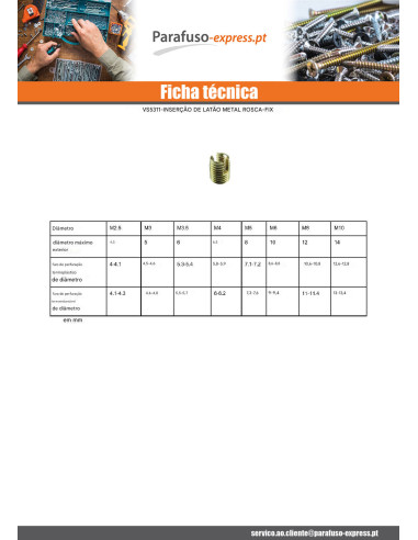 Inserto roscado con fenda Bronze M3X6 - Parafuso Express