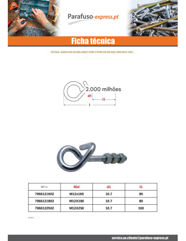 Gancho BALANÇO +3 Porca Aço zinco branco M12X250