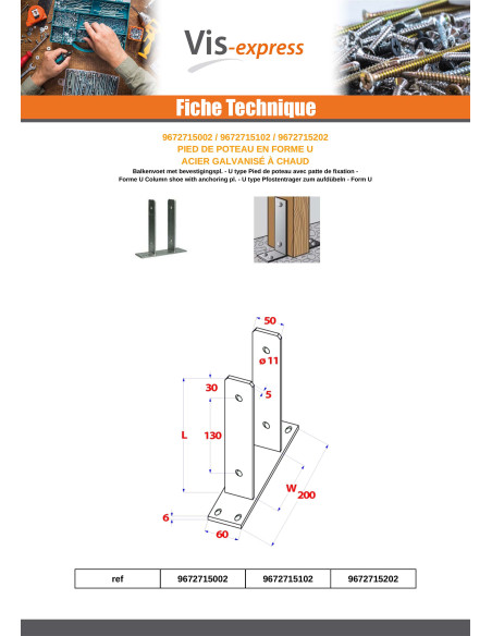 Postbasis forma U 71X50X200 forte resistência à corrosão Aço galvanizado a quente