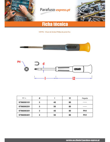 Chave de fendas fim Phillips 1 comprimento total 80 Platine de fixation 40