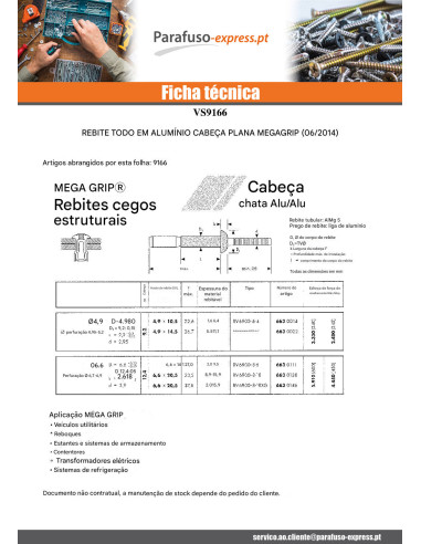 Rebite cego, todo em alumÃ­nio MEGAGRIP 6,6 x 14,1 cabeça plana