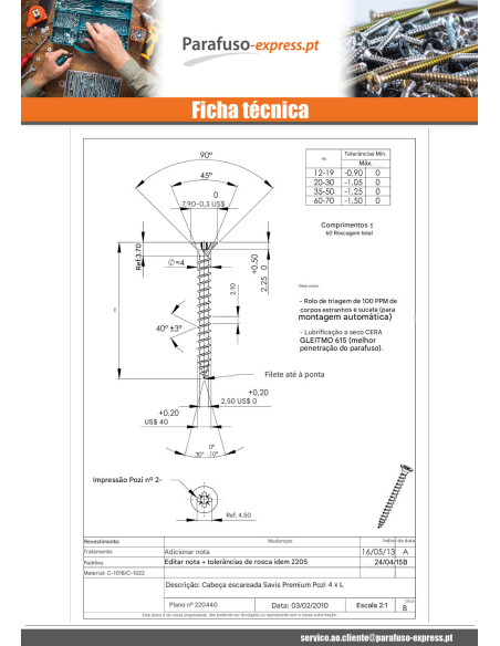 Parafuso de madeira aglomerado PREMIUM cabeça fresada Pozi PZ6 4X45 Aço zinco branco