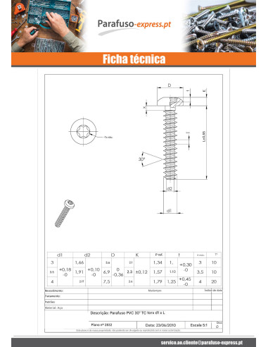 Parfuso de pvc cabeça cilíndrica TORX T20 4X30 Aço zinco branco
