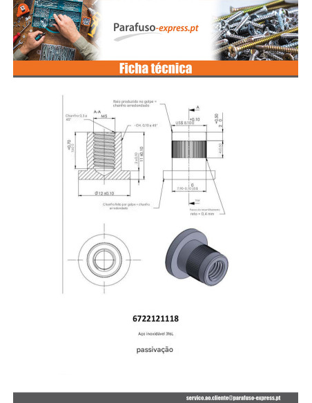 Porca rebitar cabeça plana recartilhadas M5X8,5 8X9 316L