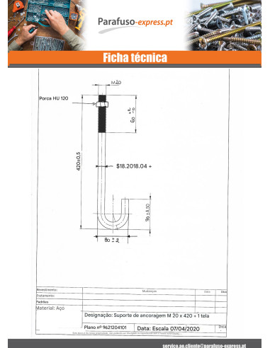 Gancho J M20X420 + 1 Porca Aço bruto - Parafuso Express