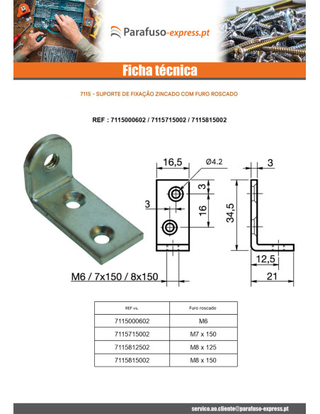 Cantoneira de fixação orifício rosca M6 Aço zinco branco