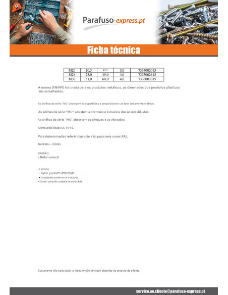 Rondela liso natural nylon M20X40X3 M - Parafuso Express