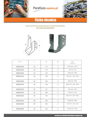 Suporte para vigas em forma de U con Asas exterior sendzimir 40X148