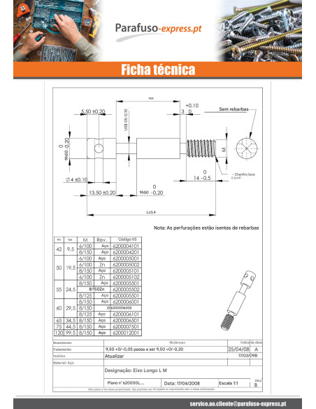 Pino Aço zinco branco longo M8X60 passo de rosca de 150