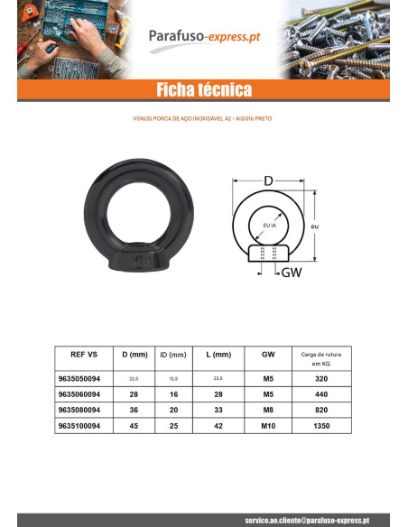 Porca con Anilha de elevação M6 Aço inoxidável A4 Preto