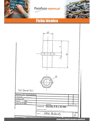Bucha hexagonal Dicromato 8X20 M5 sobre plano 8 - Parafuso Express