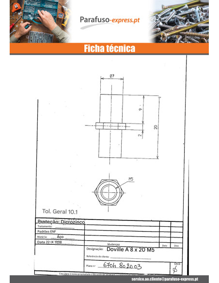 Bucha hexagonal Dicromato 8X20 M5 sobre plano 8 - Parafuso Express